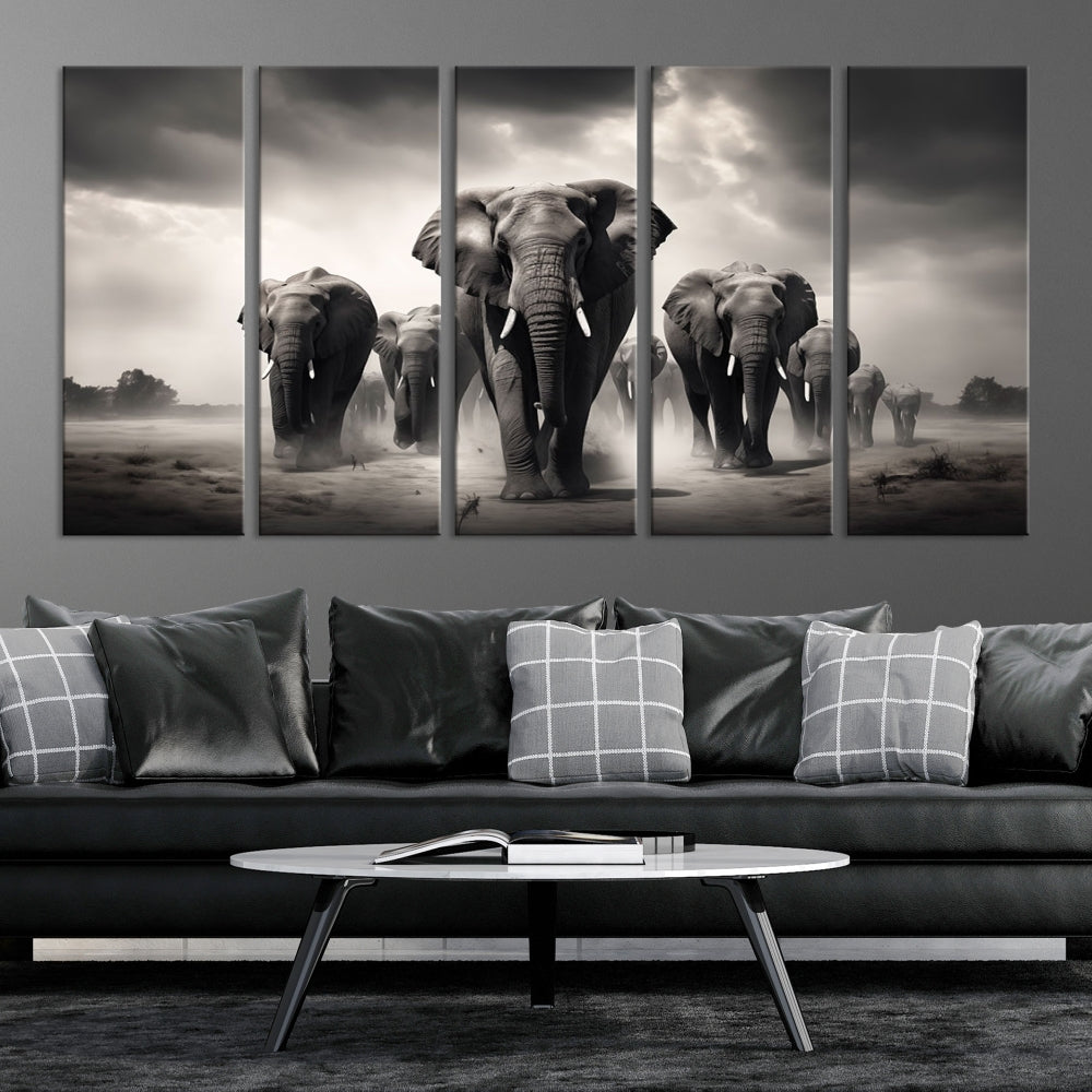 Black White Elephant Family Wall Art Canvas Print