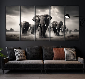 Black White Elephant Family Wall Art Canvas Print