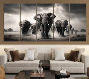 Black White Elephant Family Wall Art Canvas Print