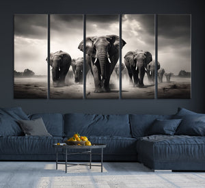 Black White Elephant Family Wall Art Canvas Print