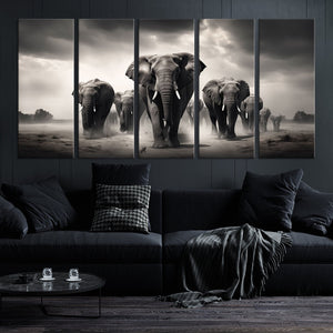 Black White Elephant Family Wall Art Canvas Print