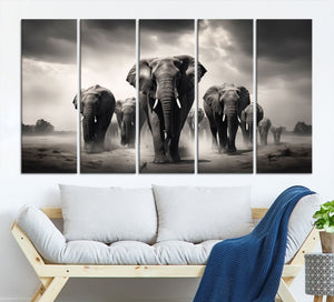 Black White Elephant Family Wall Art Canvas Print