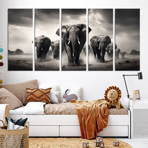 Black White Elephant Family Wall Art Canvas Print