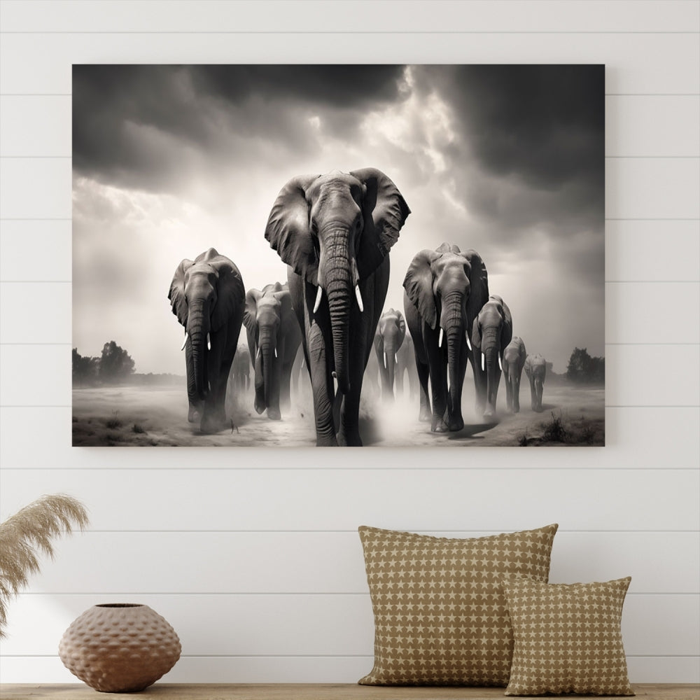 Black White Elephant Family Wall Art Canvas Print