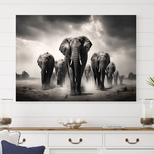 Black White Elephant Family Wall Art Canvas Print