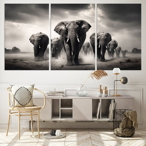 Black White Elephant Family Wall Art Canvas Print