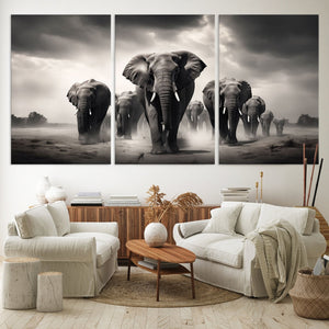 Black White Elephant Family Wall Art Canvas Print