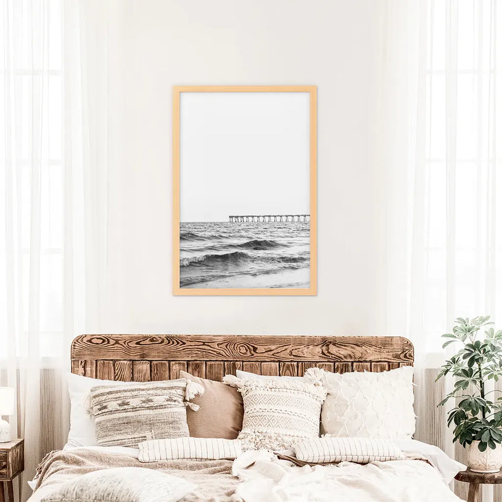 Black White Minimalistic Beach Pier Poster