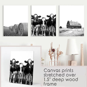 Black White Harvest on a Farm Wall Art. Cow, Hay Bale, Barn