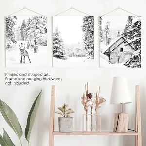 Black White Winter Woodland Wall Art Set. Reindeers, Cabin
