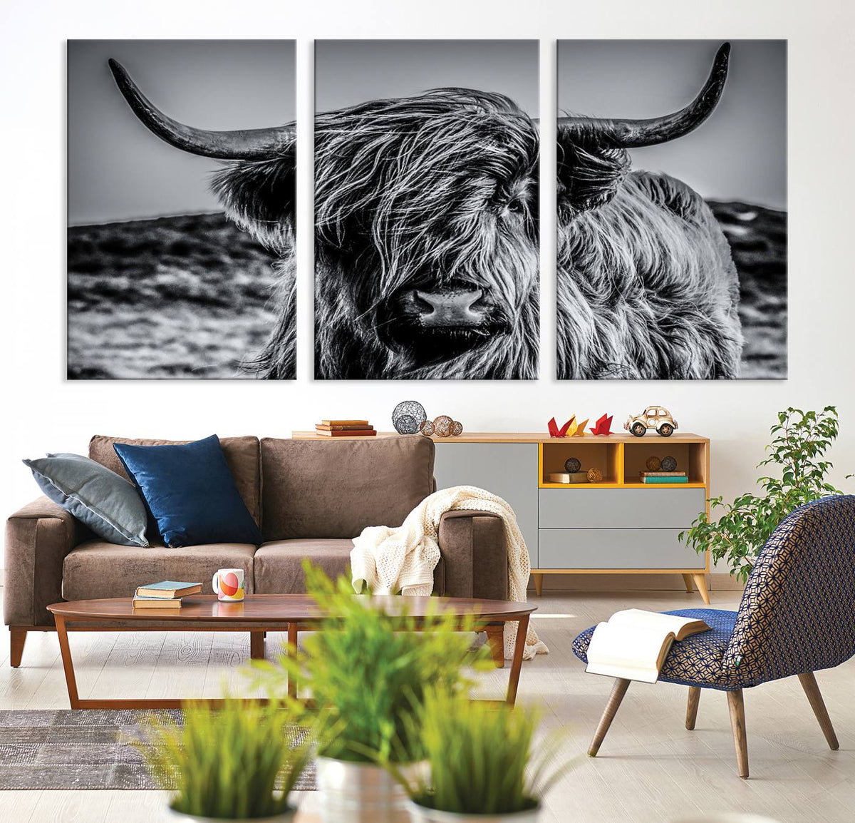 Black and White Cow Wall Art Canvas Print Highland Cattle