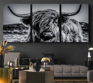 Black and White Cow Wall Art Canvas Print Highland Cattle