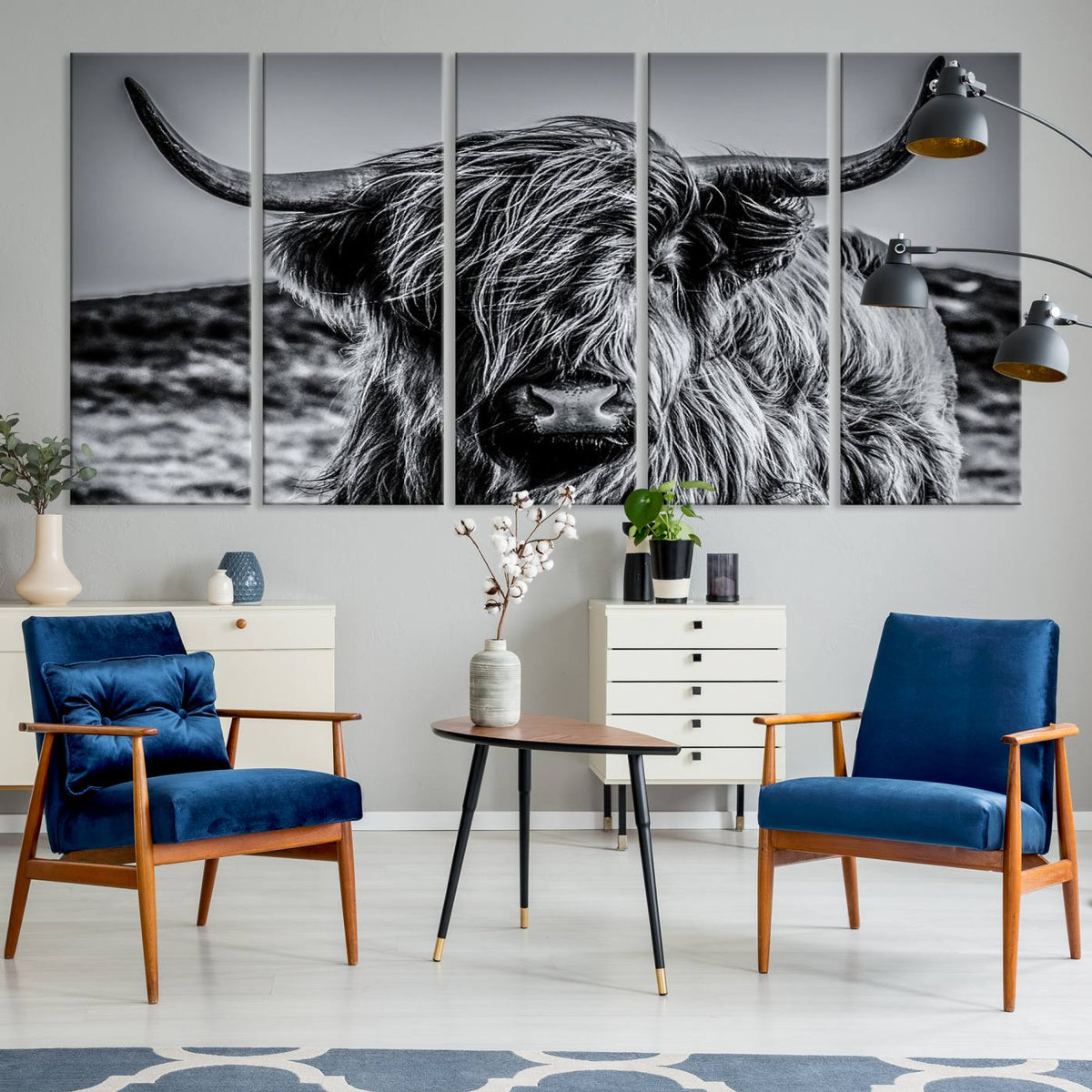 Black and White Cow Wall Art Canvas Print Highland Cattle
