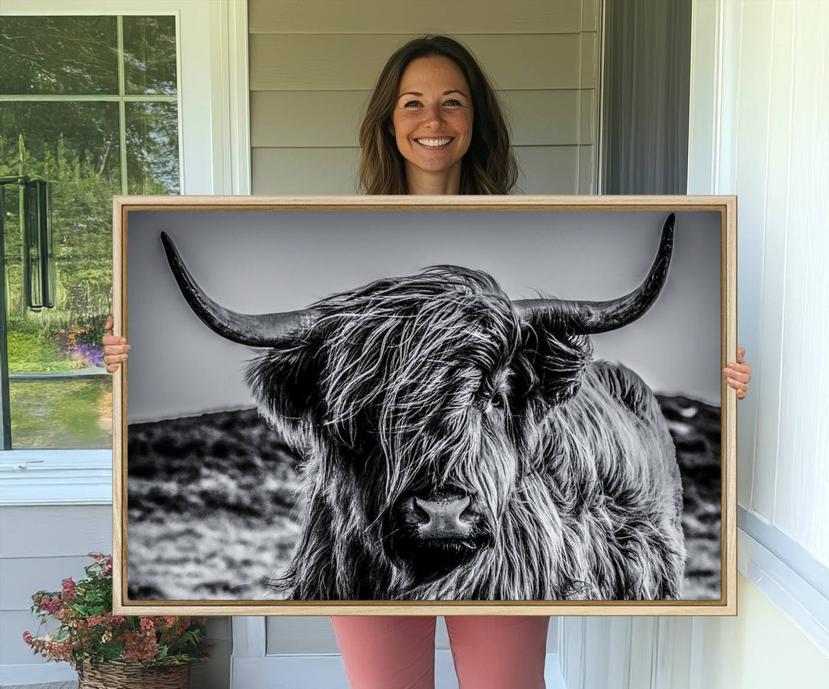 Black and White Cow Wall Art Canvas Print Highland Cattle