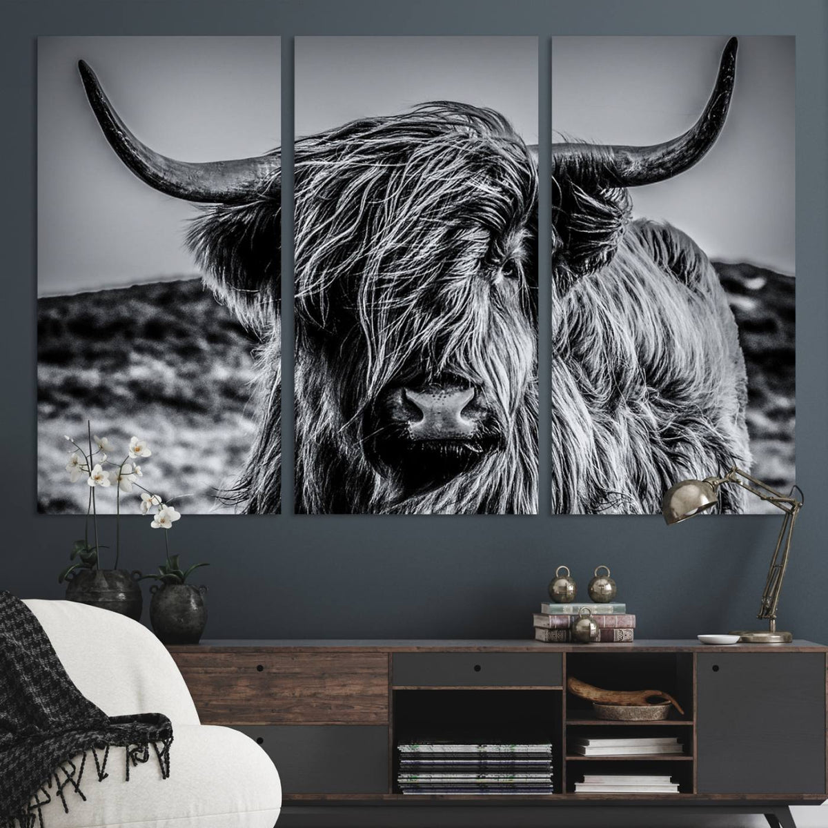 Black and White Cow Wall Art Canvas Print Highland Cattle