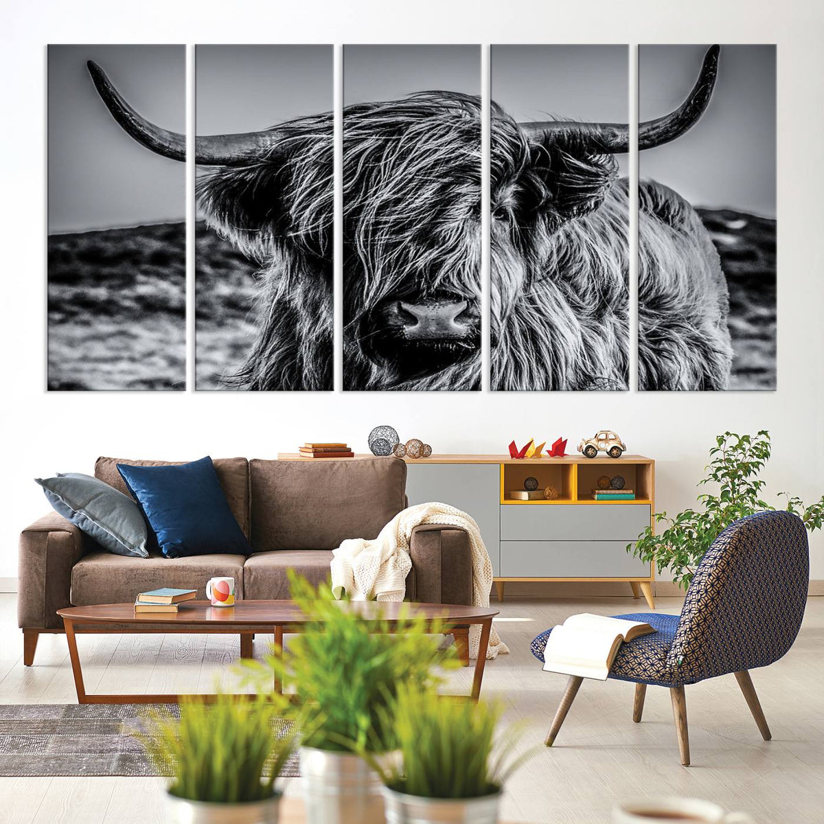 Black and White Cow Wall Art Canvas Print Highland Cattle