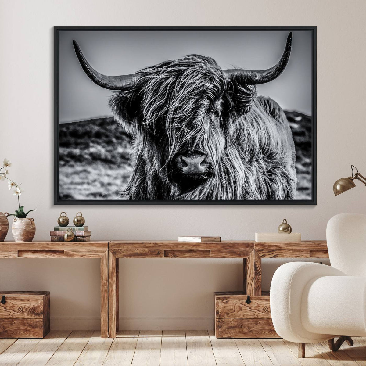 Black and White Cow Wall Art Canvas Print Highland Cattle