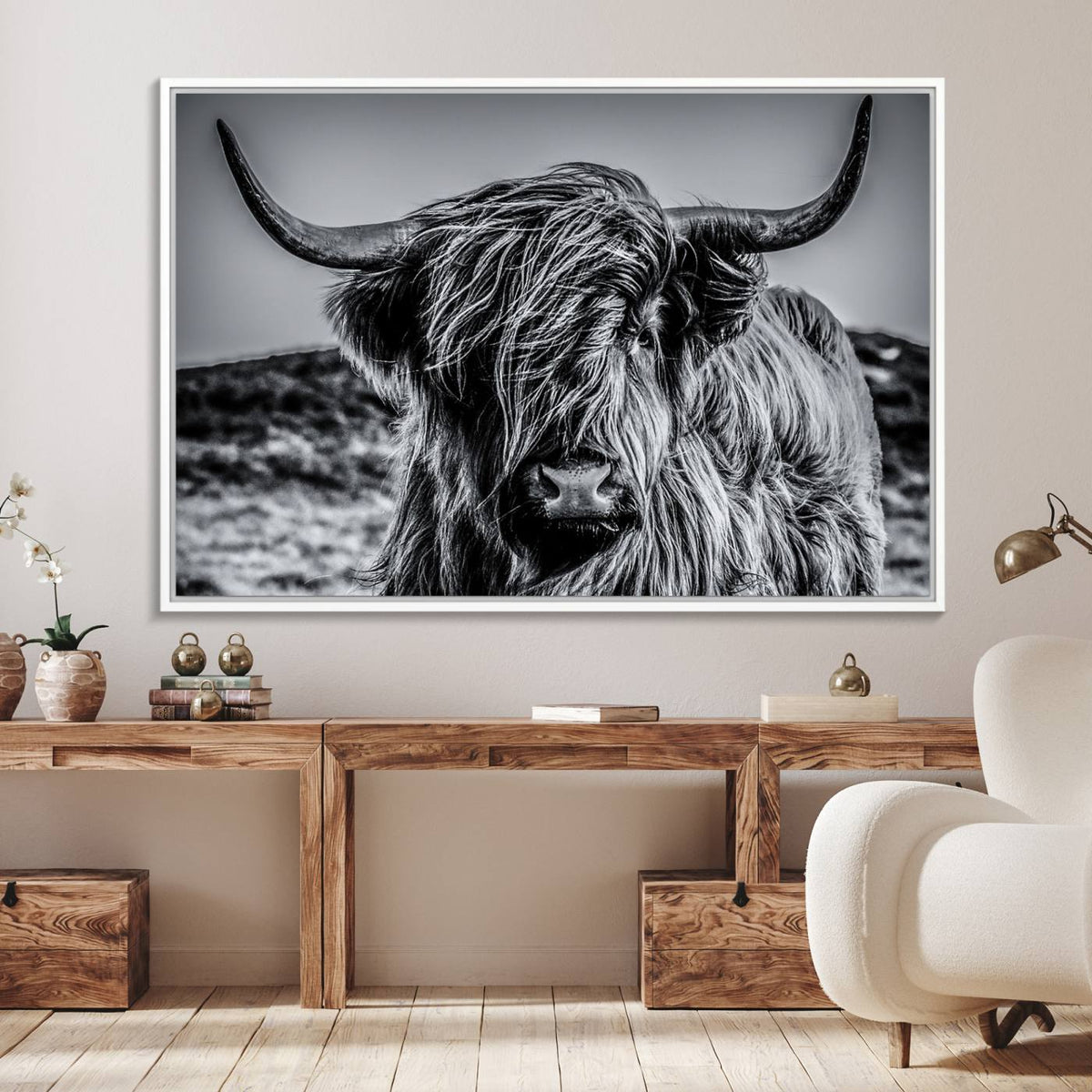 Black and White Cow Wall Art Canvas Print Highland Cattle