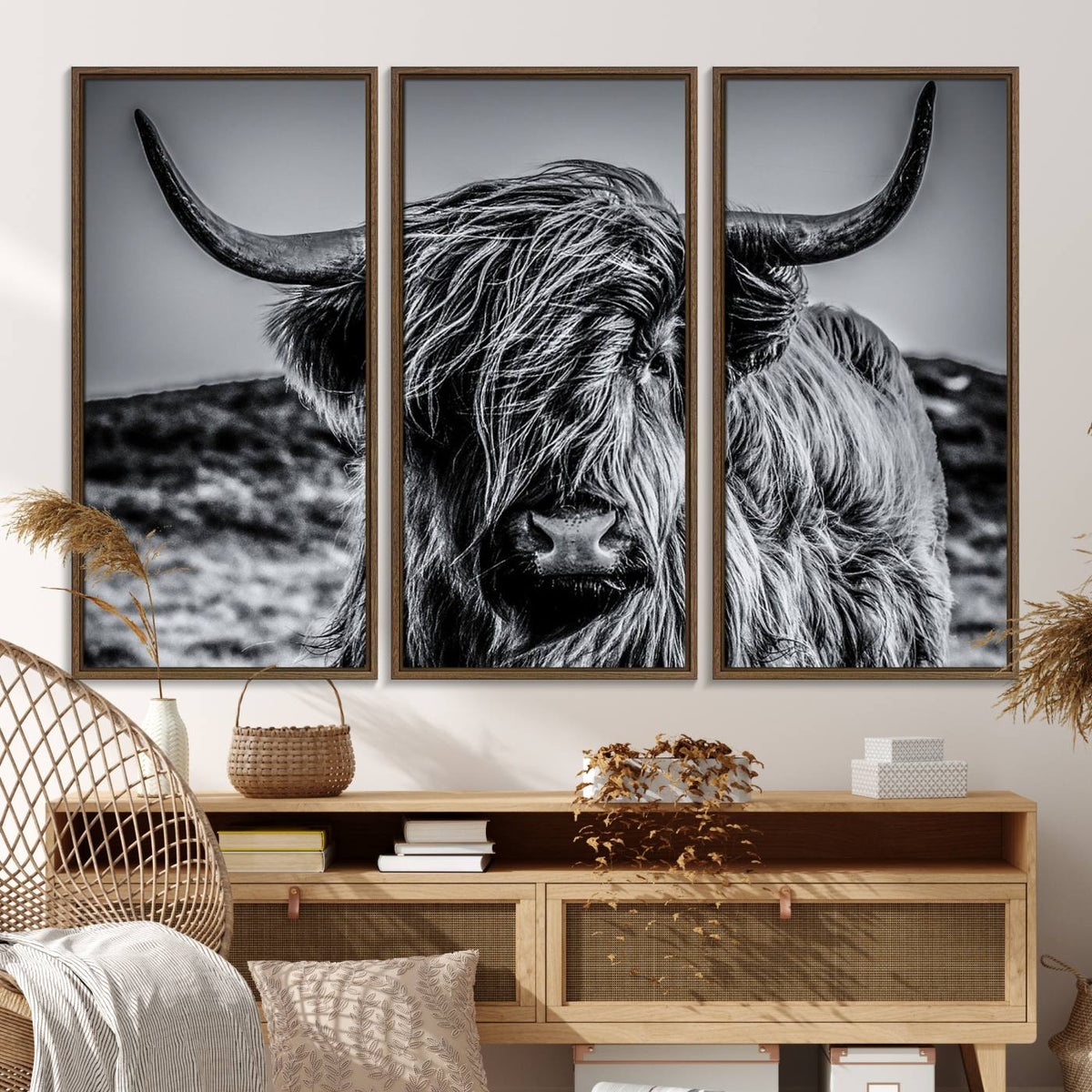 Black and White Cow Wall Art Canvas Print Highland Cattle