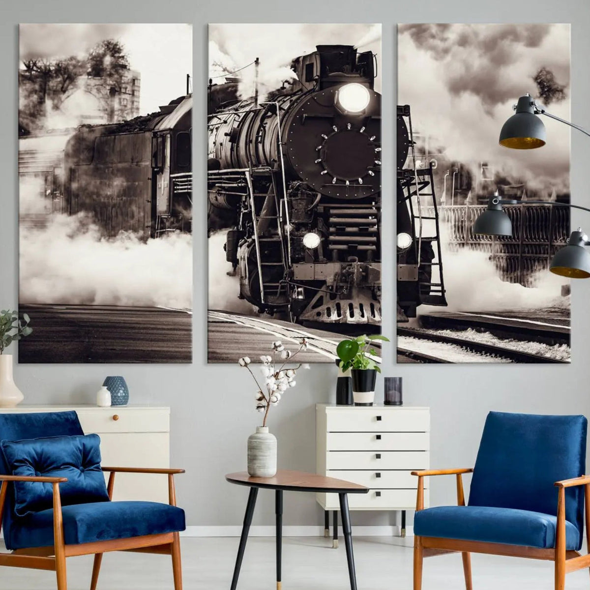 Black and White Steam Locomotive Canvas Wall Art Print