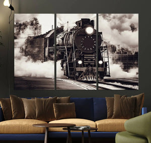 Black and White Steam Locomotive Canvas Wall Art Print