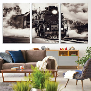 Black and White Steam Locomotive Canvas Wall Art Print