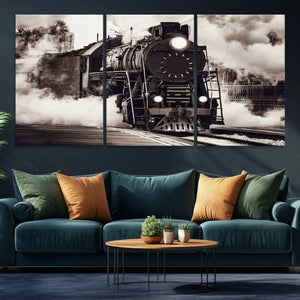 Black and White Steam Locomotive Canvas Wall Art Print