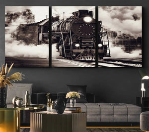 Black and White Steam Locomotive Canvas Wall Art Print