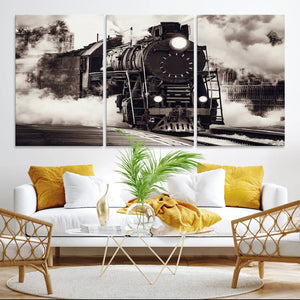Black and White Steam Locomotive Canvas Wall Art Print