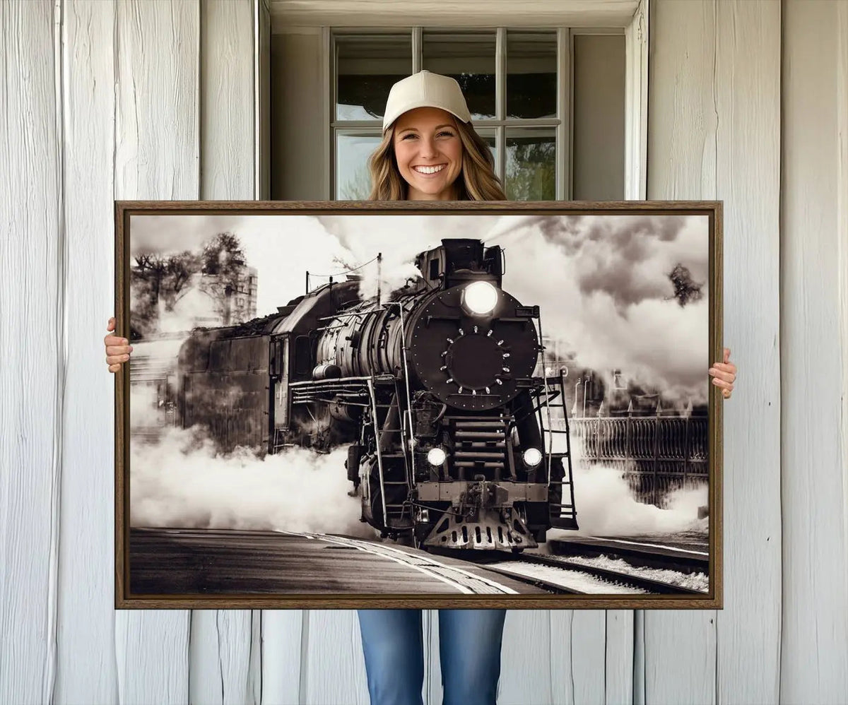 Black and White Steam Locomotive Canvas Wall Art Print