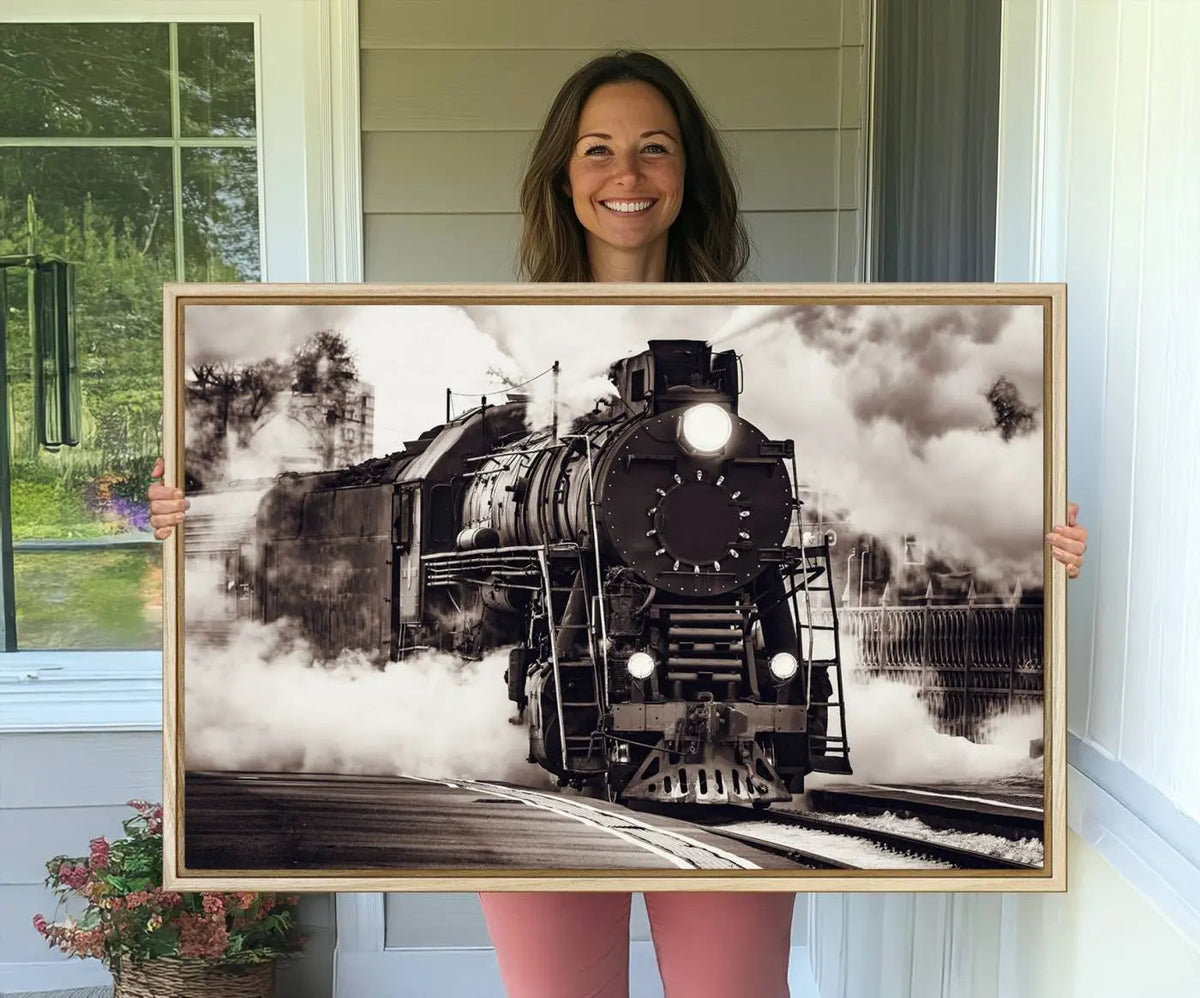 Black and White Steam Locomotive Canvas Wall Art Print
