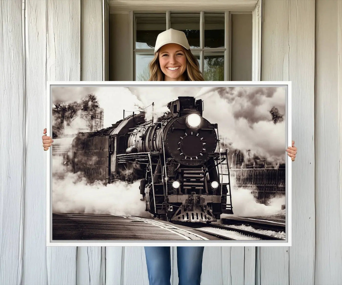 Black and White Steam Locomotive Canvas Wall Art Print