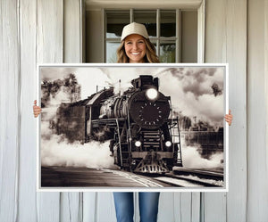Black and White Steam Locomotive Canvas Wall Art Print