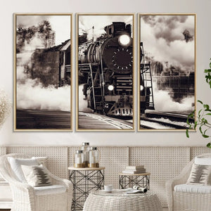 Black and White Steam Locomotive Canvas Wall Art Print