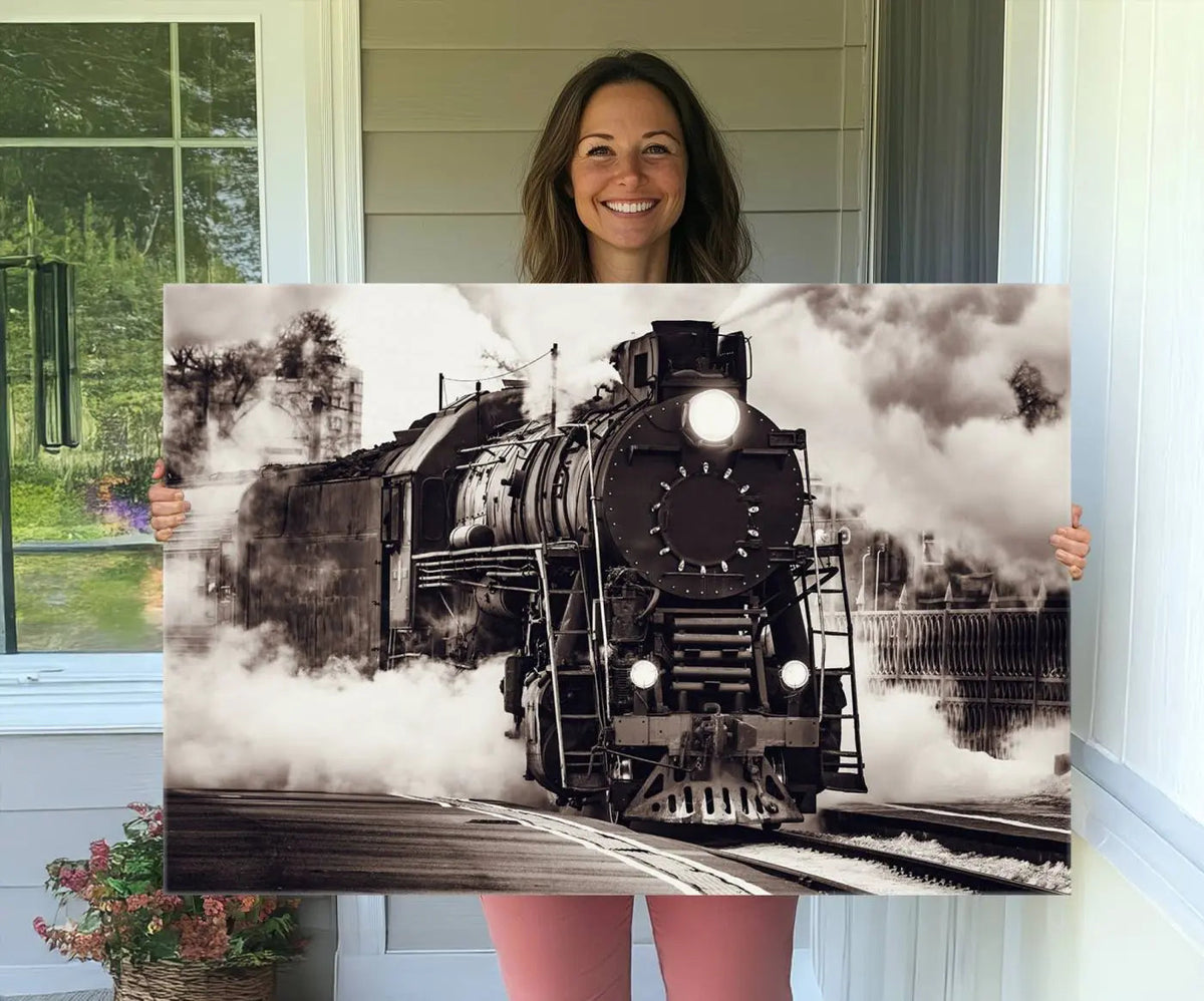Black and White Steam Locomotive Canvas Wall Art Print