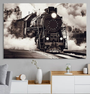Black and White Steam Locomotive Canvas Wall Art Print