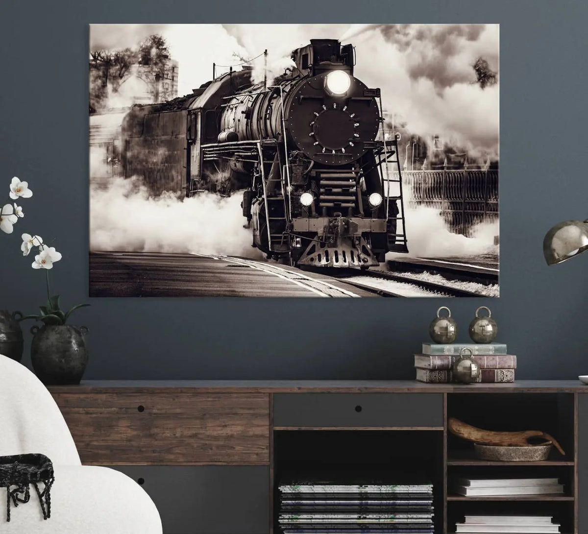 Black and White Steam Locomotive Canvas Wall Art Print