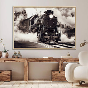 Black and White Steam Locomotive Canvas Wall Art Print