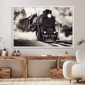 Black and White Steam Locomotive Canvas Wall Art Print