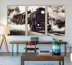 Black and White Steam Locomotive Canvas Wall Art Print