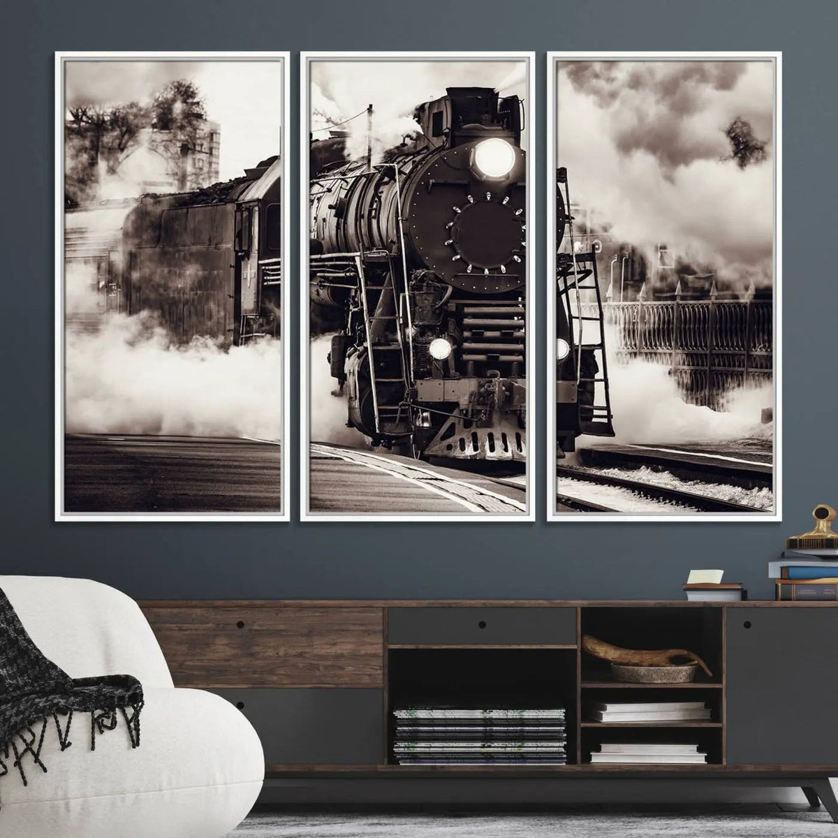 Black and White Steam Locomotive Canvas Wall Art Print