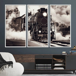 Black and White Steam Locomotive Canvas Wall Art Print