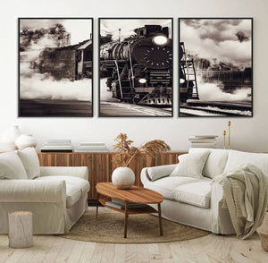 Black and White Steam Locomotive Canvas Wall Art Print