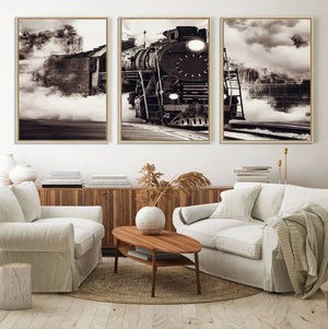 Black and White Steam Locomotive Canvas Wall Art Print