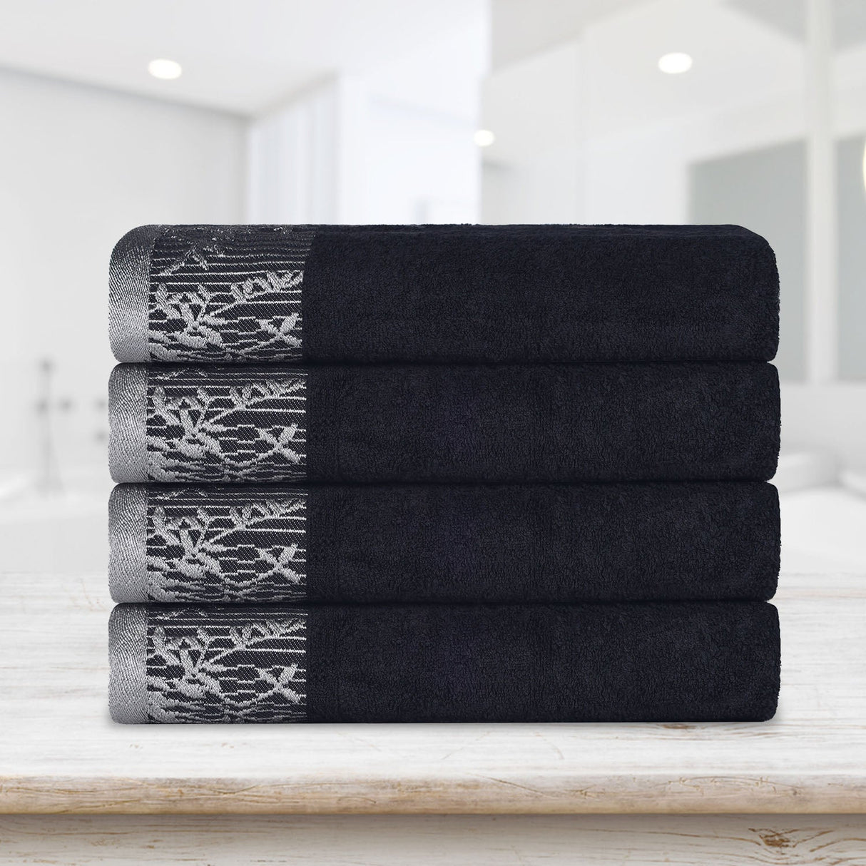 Cotton Floral Jacquard Border Bath Towel Set of 4 - Bath Towel by Superior Brand