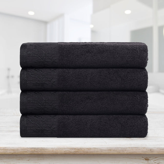 Cotton Floral Jacquard Border Bath Towel Set of 4 - Bath Towel by Superior Brand