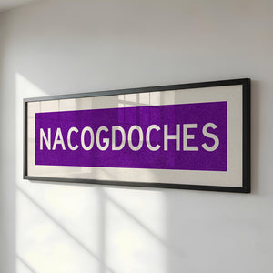 Framed Nacogdoches Purple and White Bus Scroll