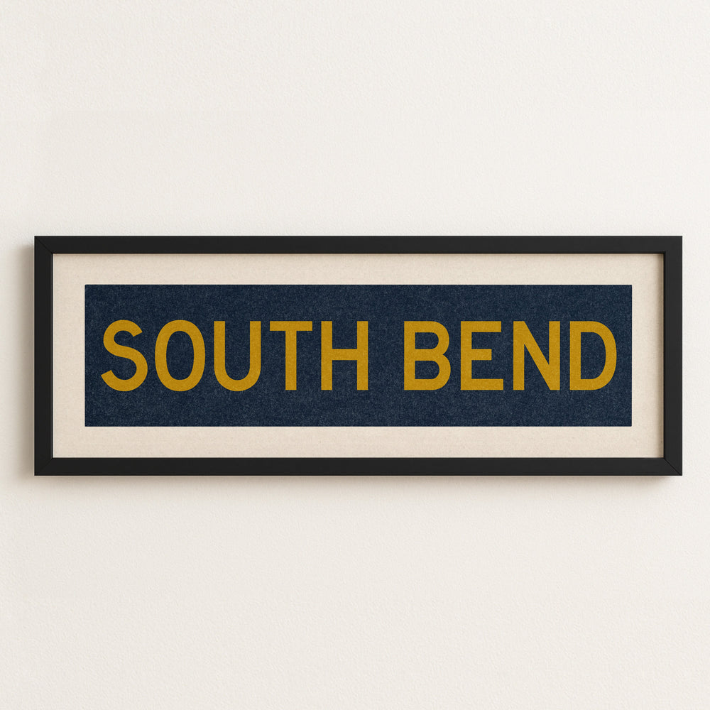 Framed South Bend Navy and Gold Bus Scroll