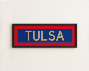 Framed Tulsa Red Blue and Gold Bus Scroll