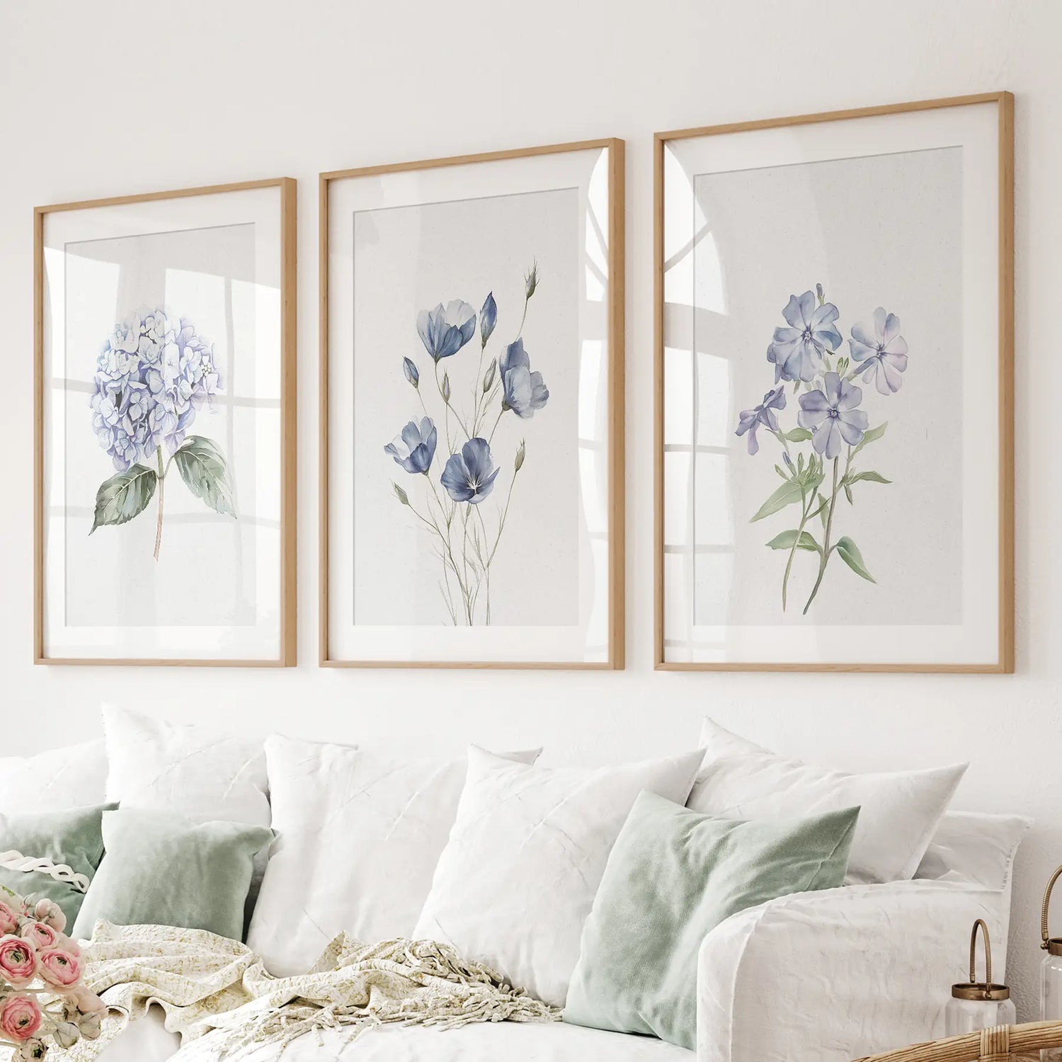 Watercolor Blue Flowers.Wall Art Set of 3 Piece